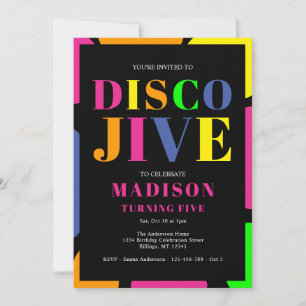 Colourful Disco Jive Turning Five Birthday Party Invitation