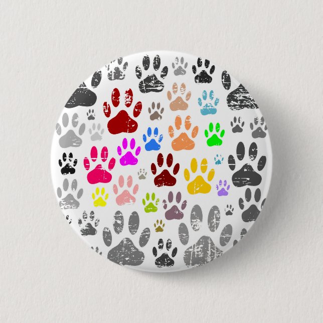 Colourful Distressed Dog Paw Prints On Grey 6 Cm Round Badge (Front)