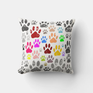 Colourful Distressed Dog Paw Prints On Grey Cushion