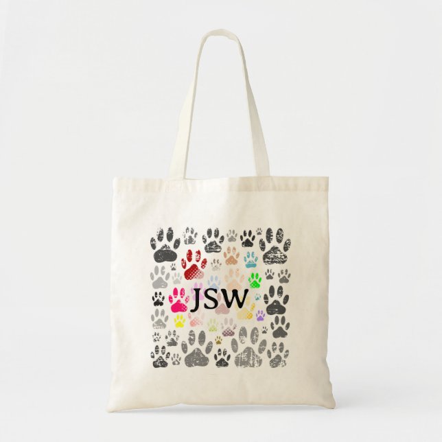 Colourful Distressed Dog Paw Prints On Grey Tote Bag (Front)