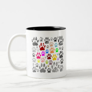 Colourful Distressed Dog Paw Prints On Grey Two-Tone Coffee Mug