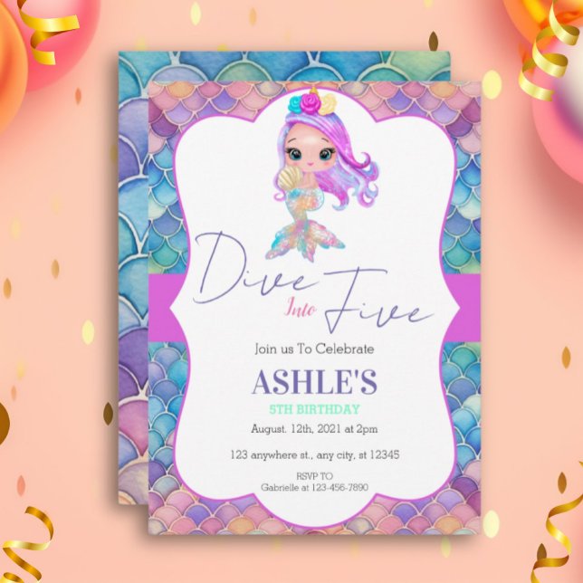 Colourful Dive Into Five Mermaid 5th Birthday  Invitation (Creator Uploaded)