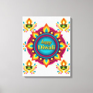 Colourful Diwali Mandala with Traditional Diyas Canvas Print