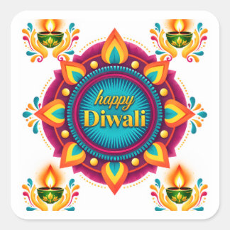 Colourful Diwali Mandala with Traditional Diyas Square Sticker