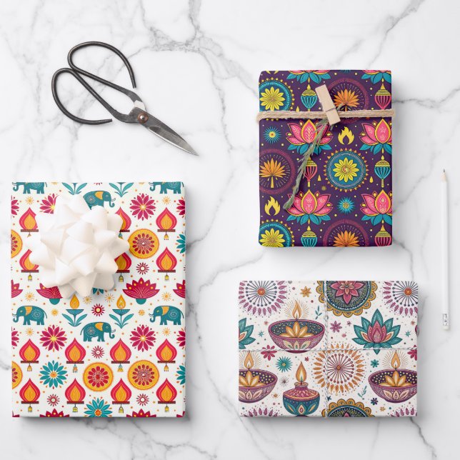 Colourful Diwali Patterns Wrapping Paper Sheet (Front)