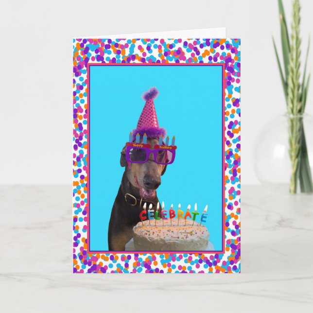 Colourful Doberman Birthday Celebration Cake Card (Front)
