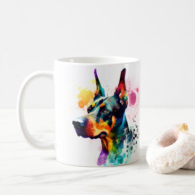 Colourful Doberman Pincher Dog  Pet Coffee Mug, Cu Coffee Mug (With Donut)