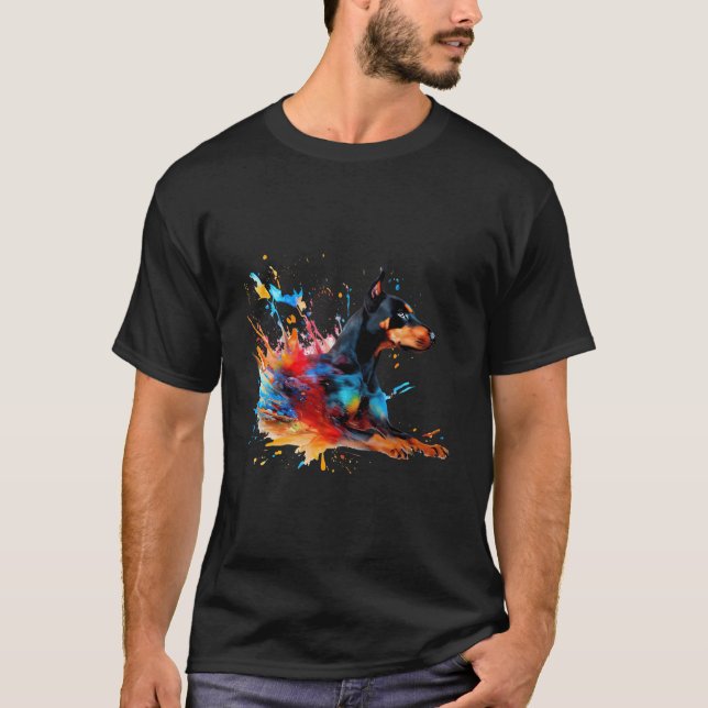 Colourful Dobermann Splashes Of Paint Abstract Art T-Shirt (Front)