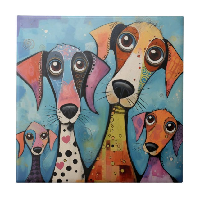 Colourful Dog Abstract Art Cartoon-style Tile (Front)