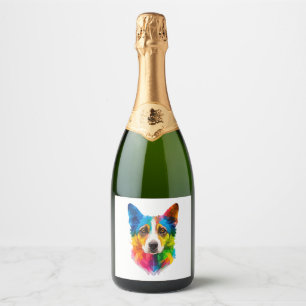 Colourful dog artwork   sparkling wine label