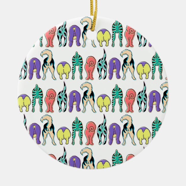 Colourful Dog Butts Pattern Ceramic Tree Decoration (Front)