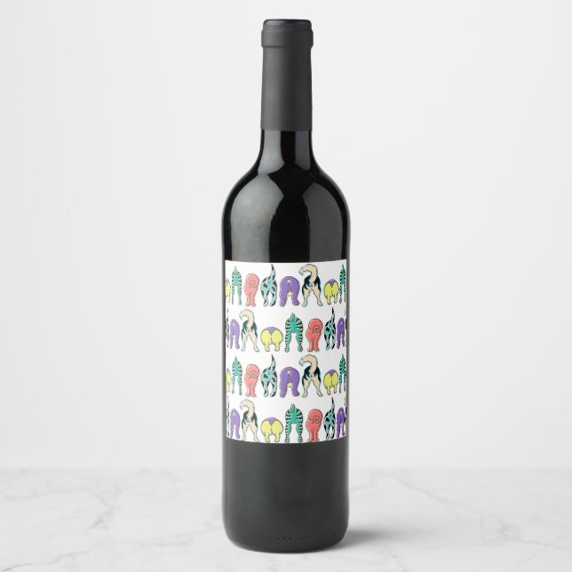 Colourful Dog Butts Pattern Wine Label (Front)
