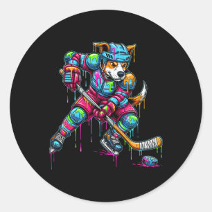 Colourful Dog Hockey Ice Cream Drip Player Classic Round Sticker