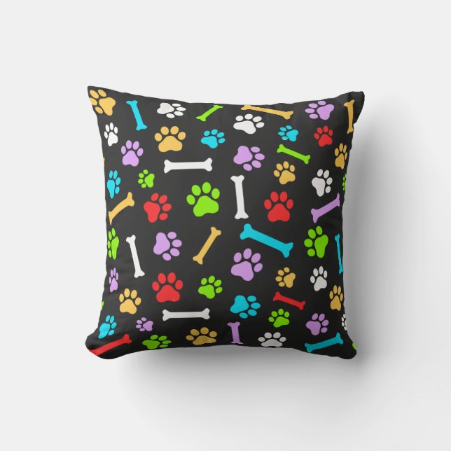 Colourful Dog Paw & Bones Seamless Pattern  Cushion (Front)