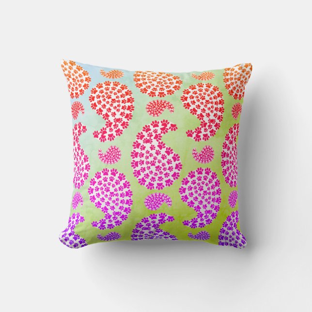 Colourful Dog Paw Print Paisley Vintage Style Cushion (Front)
