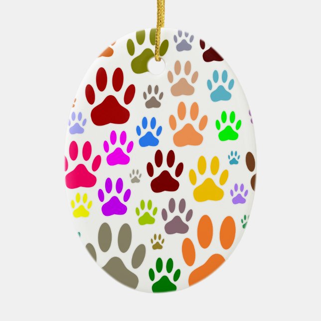 Colourful Dog Paw Prints All Over Ceramic Tree Decoration (Front)