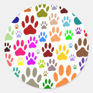 Colourful Dog Paw Prints All Over Classic Round Sticker