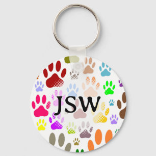 Colourful Dog Paw Prints All Over Custom Initials  Key Ring