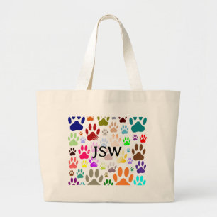 Colourful Dog Paw Prints All Over Custom Initials Large Tote Bag