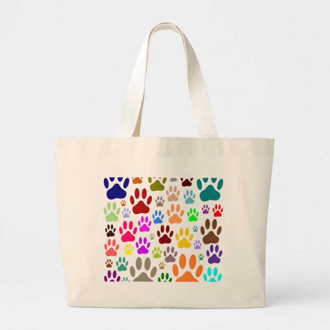 Colourful Dog Paw Prints All Over Large Tote Bag (Front)
