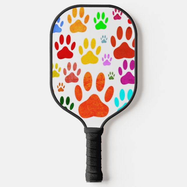 Colourful Dog Paw Prints All Over Pickleball Paddle (Front)