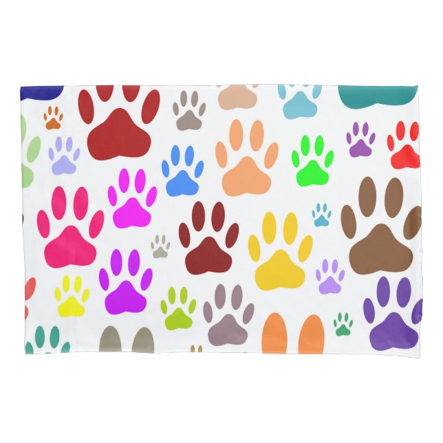 Colourful Dog Paw Prints All Over Pillowcase (Front)