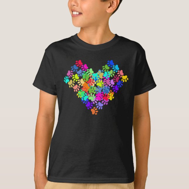 Colourful Dog Paws Heart T-Shirt (Front)