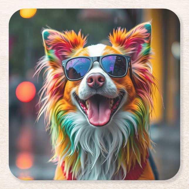 Colourful Dog Pop Art Splash Square Paper Coaster (Front)