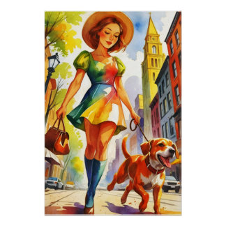 Colourful Dog Walking Duo Poster