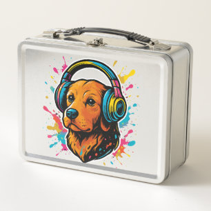 Colourful Dog with Headphones Metal Lunch Box