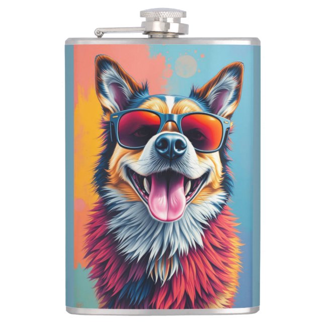 Colourful Dog with Sunglasses Hip Flask (Front)