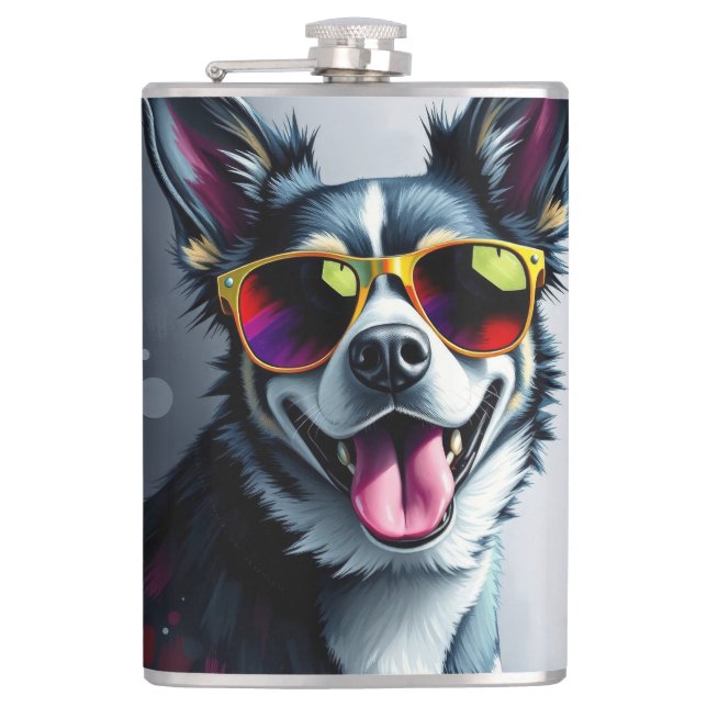 Colourful Dog with Sunglasses Hip Flask (Front)