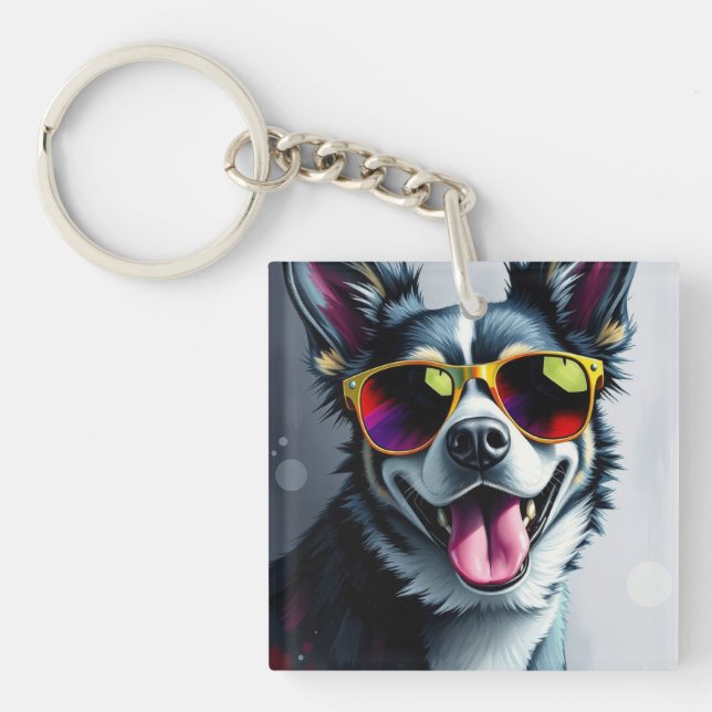 Colourful Dog with Sunglasses Key Ring (Front)