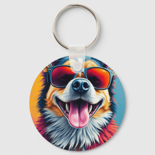 Colourful Dog with Sunglasses Key Ring
