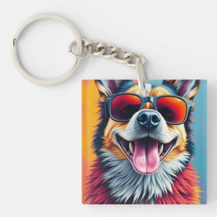 Colourful Dog with Sunglasses Key Ring