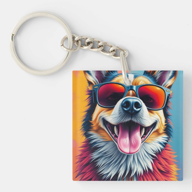 Colourful Dog with Sunglasses Key Ring (Front)