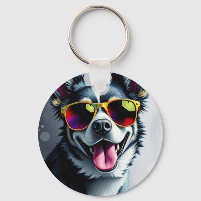 Colourful Dog with Sunglasses Key Ring (Front)