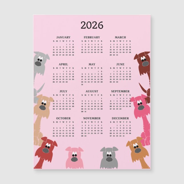 Colourful Dogs 2026 Calendar Magnetic Card (Front)
