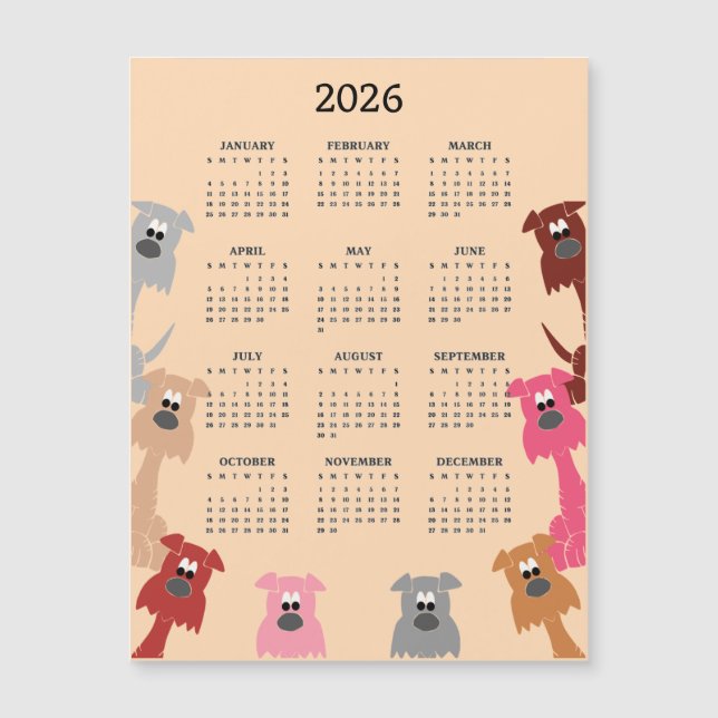 Colourful Dogs 2026 Calendar Magnetic Card (Front)