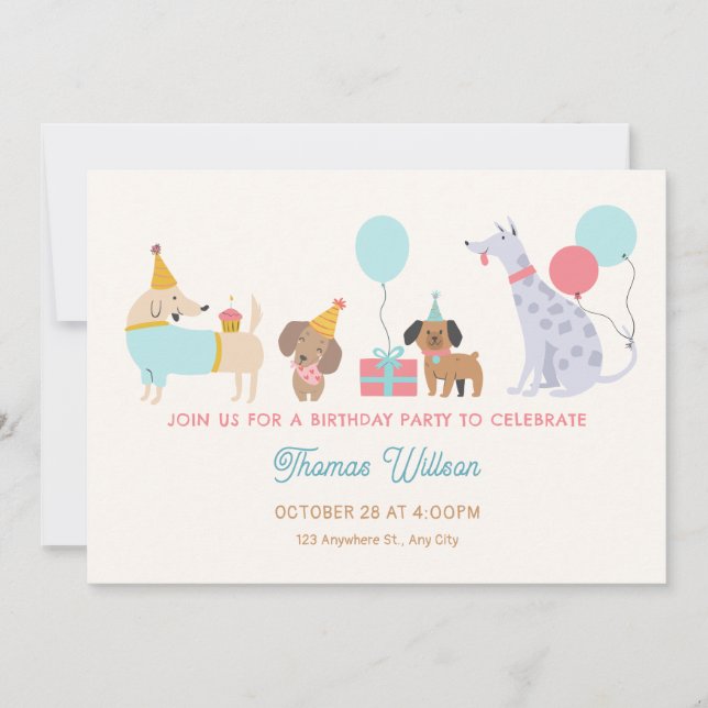 Colourful dogs birthday party invitation (Front)