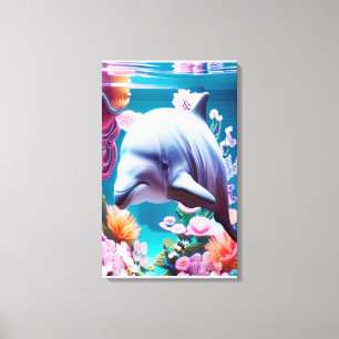 Colourful Dolphin in a Floral Ocean - Ocean Lover  Canvas Print