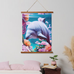 Colourful Dolphin in a Floral Ocean - Ocean Lover Hanging Tapestry