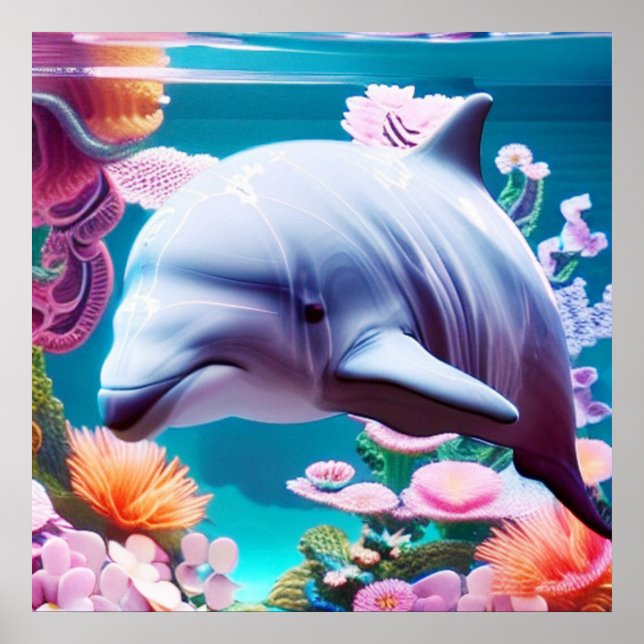 Colourful Dolphin in a Floral Ocean - Ocean Lover  Poster (Front)