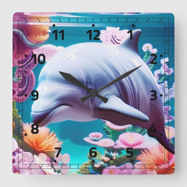 Colourful Dolphin in a Floral Ocean - Ocean Lover  Square Wall Clock (Front)