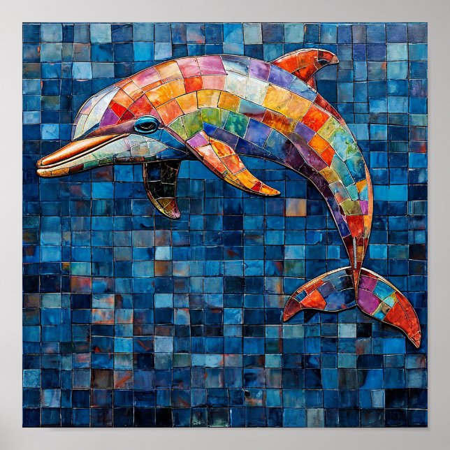 Colourful Dolphin Mosaic Ocean Wave Art |🐬🎨🌊✨🌈 Poster (Front)
