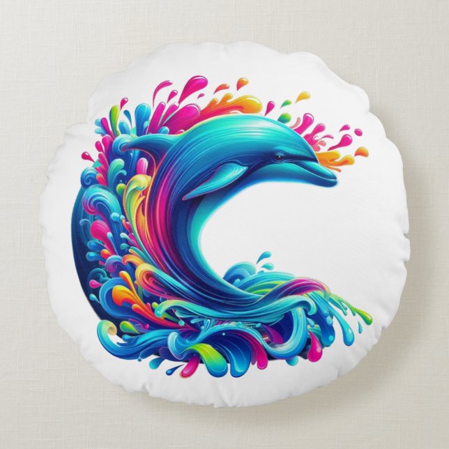 Colourful Dolphin Splash Round Cushion (Front)