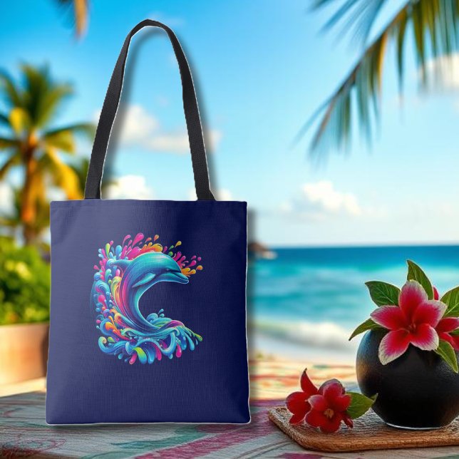 Colourful Dolphin Splash Tote Bag (Dolphin-Colorful-Beach Tote-Summer Tote- Pool Tote-Blue)