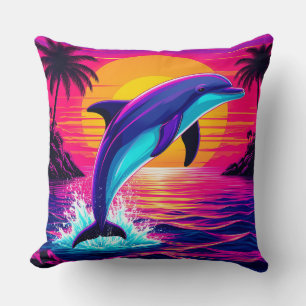 Colourful Dolphin Vibrant Tropical Sunset Cushion