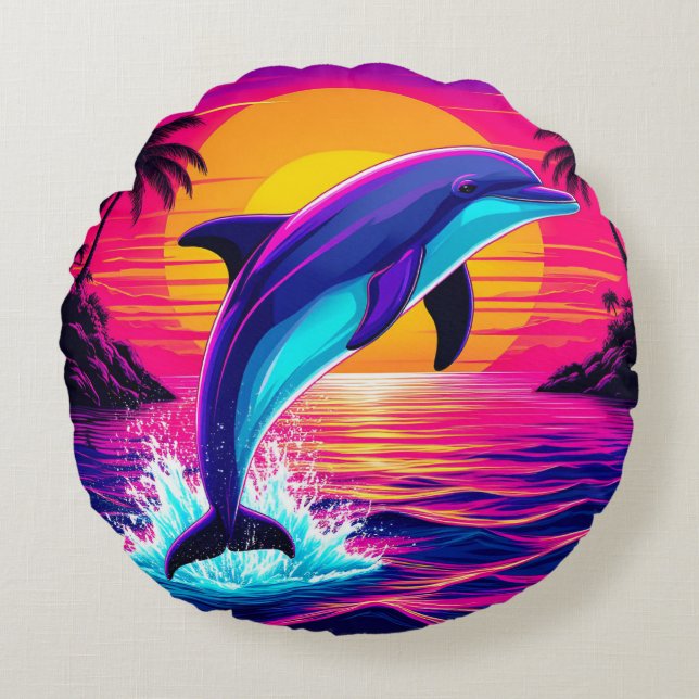 Colourful Dolphin  Vibrant Tropical Sunset Round Cushion (Front)