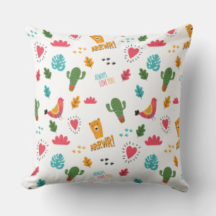Colourful Doodle Animals And Words Pattern Cushion